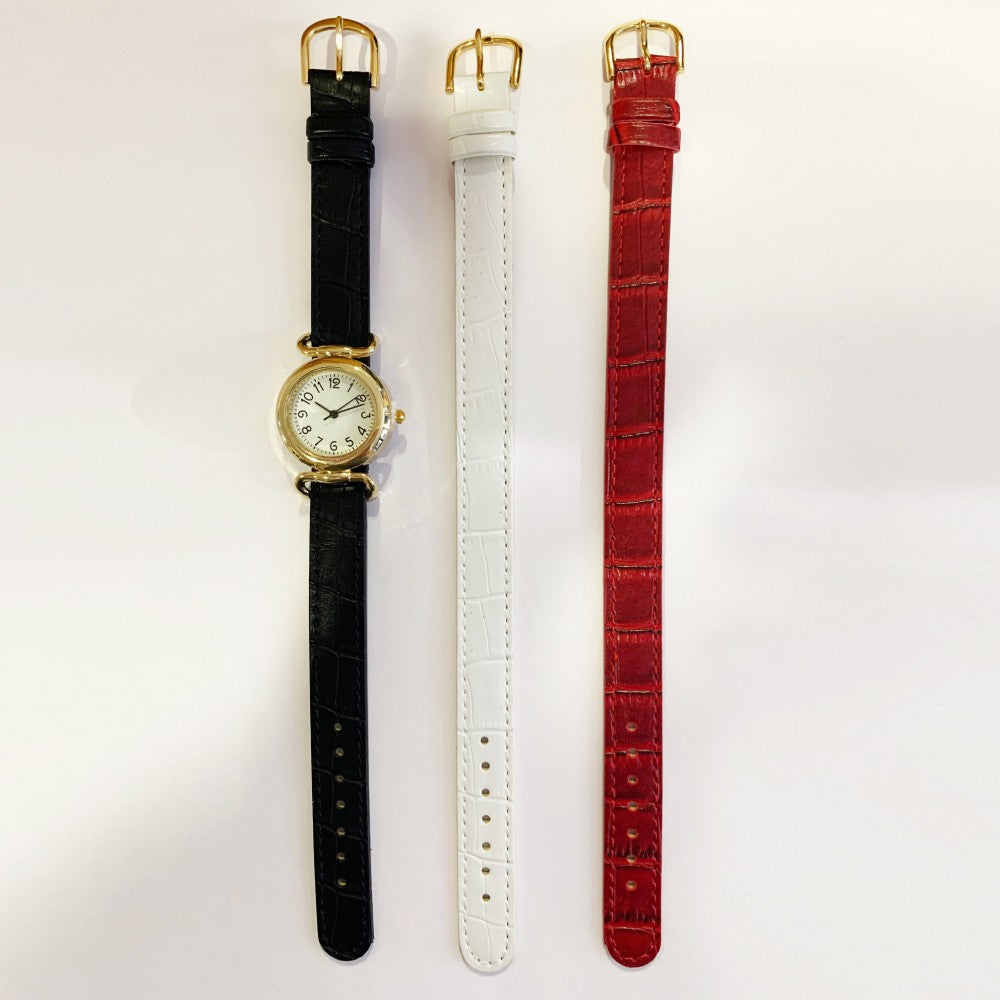 Dámské hodinky se 3 vyměnitelnými řemínky (bílý, černý, červený)