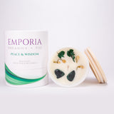 Emporia Organics Skleněná Svíčka: Fiji - PEACE & WISDOM, s Malachitem, s vůní divoké hrušky a pačuli, 100% sójový vosk, 230 g